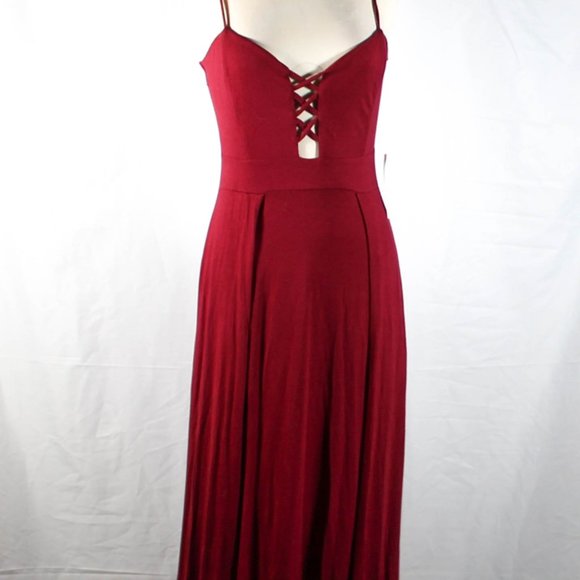 NWT Burgundy Cranberry Maxi Dress with Slits and Cross Stitch Cleavage - Picture 3 of 16